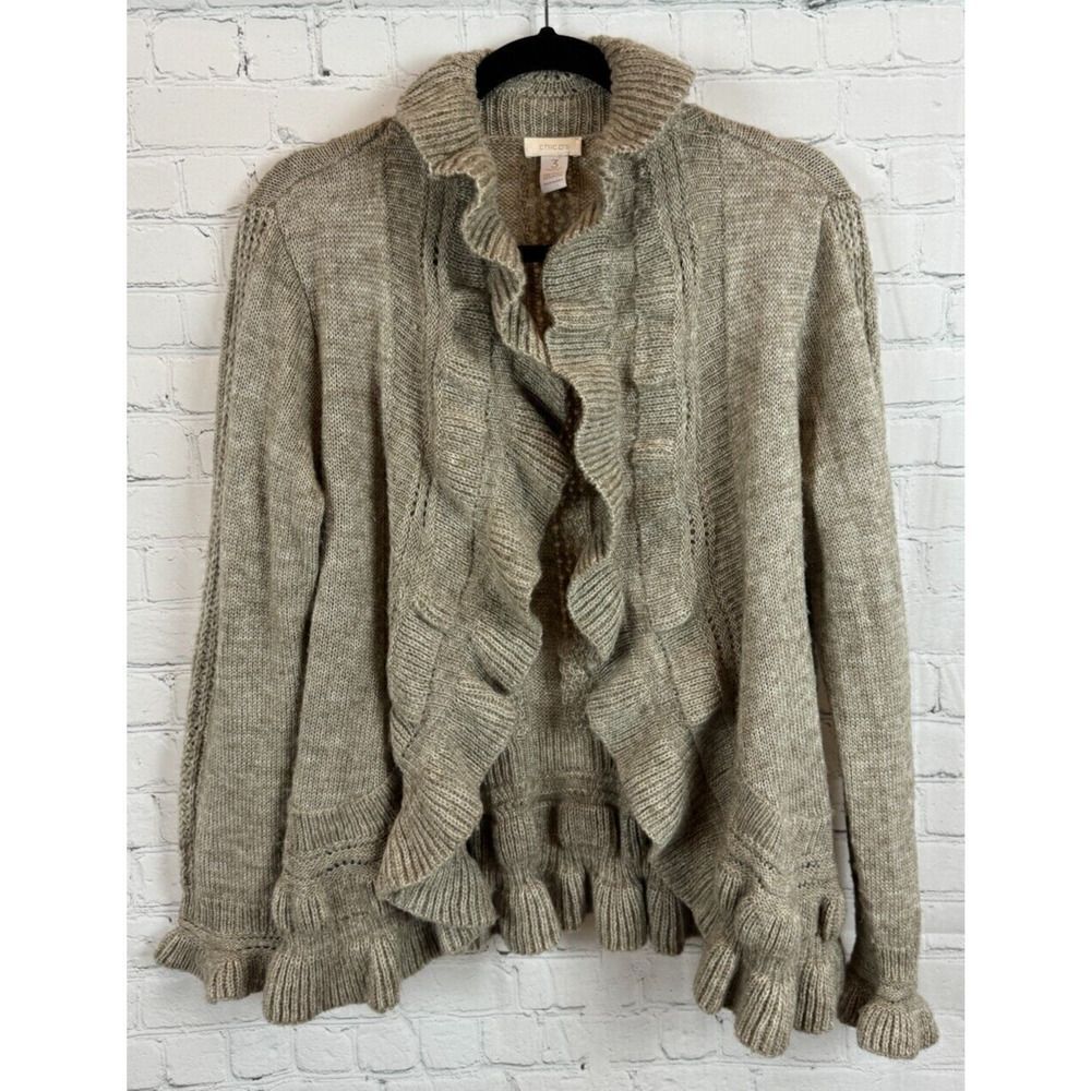 CHICO'S natural gray wool blend frill open front knit cardigan sweater size 3 XL